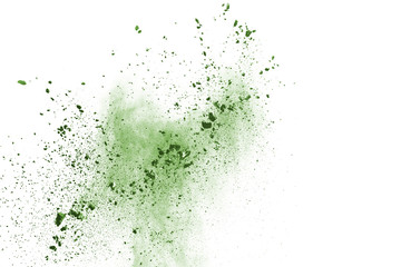 Wall Mural - Green powder explosion on white background. Colored cloud. Colorful dust explode. Paint Holi.