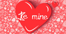 Simple Happy Valentine's Day Greeting Card Illustration. Soaring Red Heart With "Be Mine" Handwritten Text. On The Seamless Background Of  White Hearts.