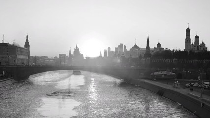 Canvas Print - Moscow, Russia. Aerial view of popular landmark Kremlin in Moscow, Russia at sunset. Frozen Moscow river. Time-lapse at sunset. Black and white