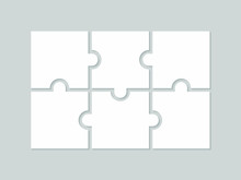 Six Blank Puzzle Pieces. Puzzle For Web, Information Or Presentation Design, Infographics. White Puzzle On Gray Background. Vector Illustration