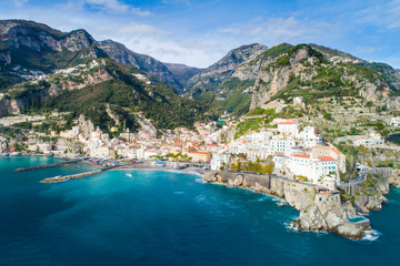 Wall Mural - aerial view to valley and coastline of Amalfi coast in Italy