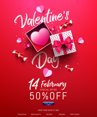 Wall Mural - Valentine's Day Sale Poster or banner with sweet gift,sweet heart and lovely items on red background.Promotion and shopping template or background for Love and Valentine's day concept.Vector EPS10