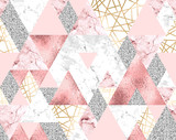 Seamless geometric pattern with gold metallic lines, silver glitter, pink and marble triangles