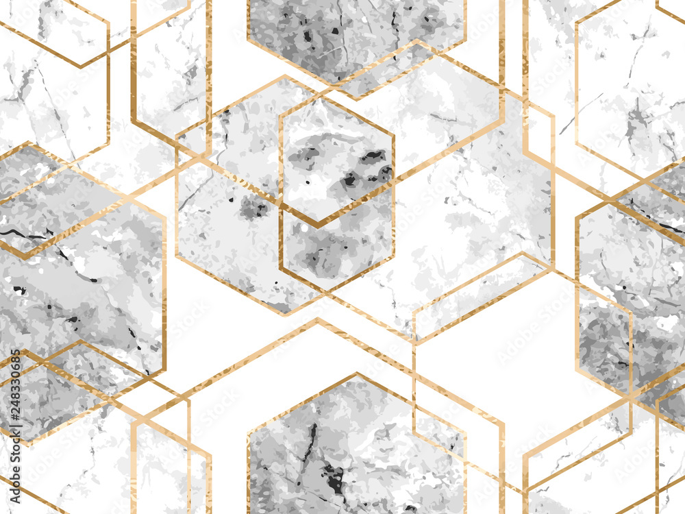 Seamless geometric pattern with gold glitter lines and marble polygons - obrazy, fototapety, plakaty 