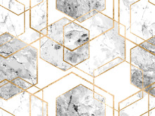 Seamless Geometric Pattern With Gold Glitter Lines And Marble Polygons