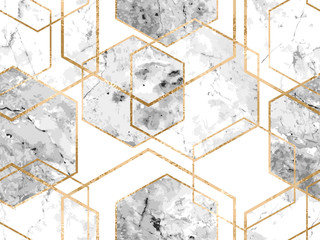 Wall Mural - Seamless geometric pattern with gold glitter lines and marble polygons