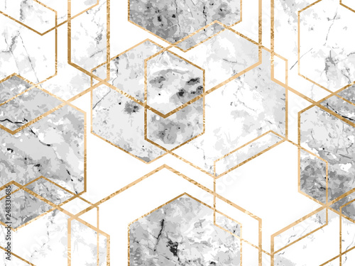 Fototapeta na wymiar Seamless geometric pattern with gold glitter lines and marble polygons