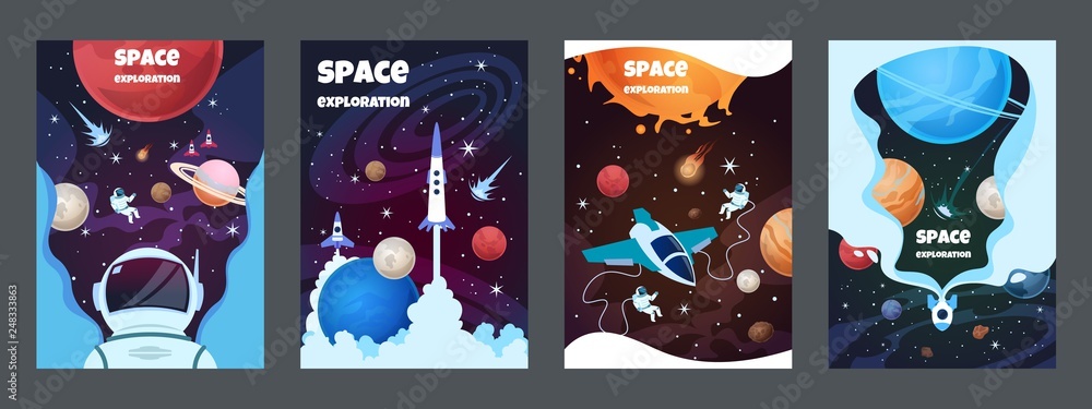 Cartoon space banners. Galaxy universe science child astronaut modern planet poster study banner. Vector brochure space frame - obrazy, fototapety, plakaty 