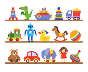 Wall Mural - Toys on shelves. Cartoon toy on baby shopping wooden shelf. Dinosaur robot car doll isolated vector set