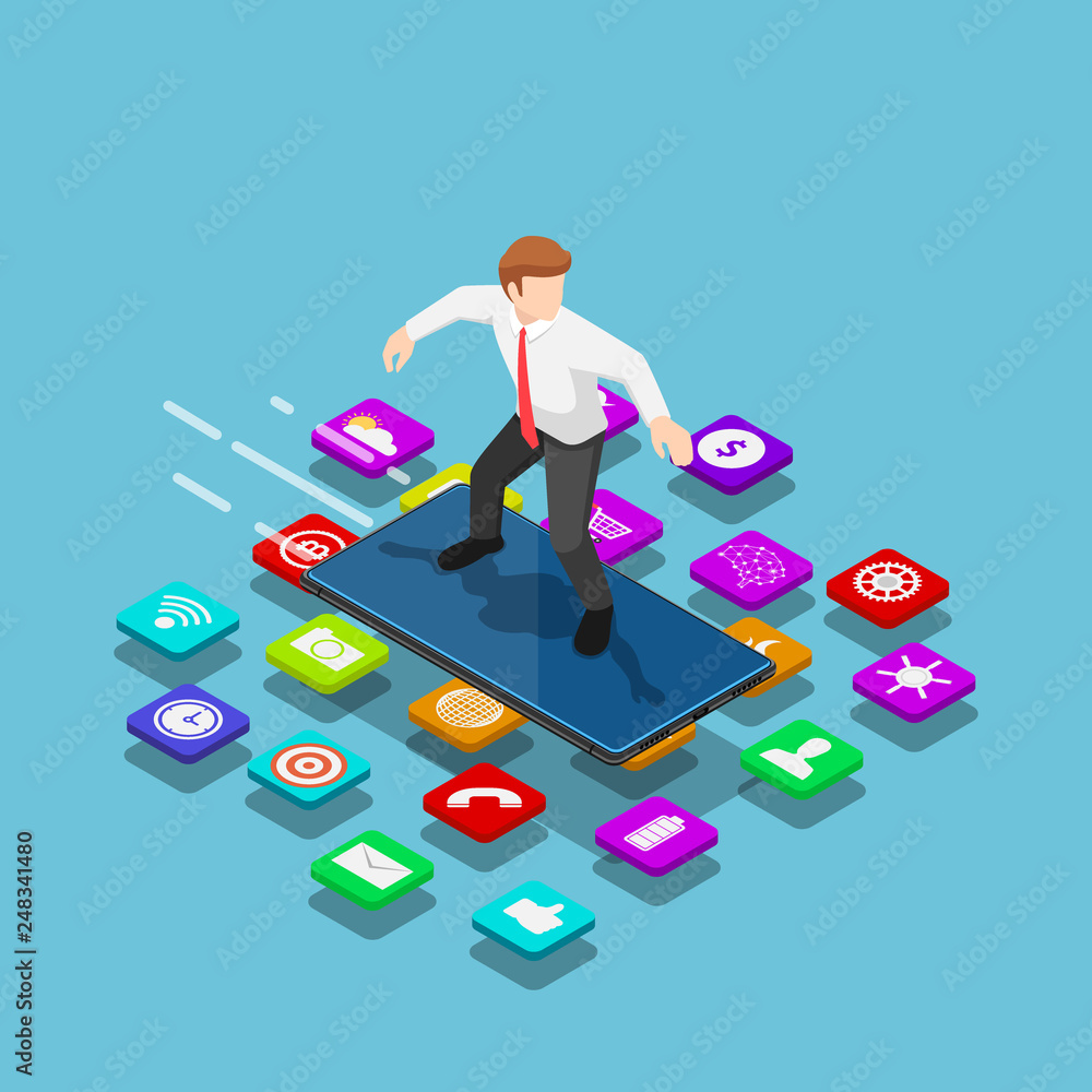 Isometric businessman use smartphone to surfing on the mobile application - obrazy, fototapety, plakaty 