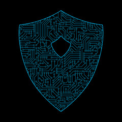 Poster - Safety circuit board shield icon for protecting password on black background in digital data code and security technology concept. Abstract illustration