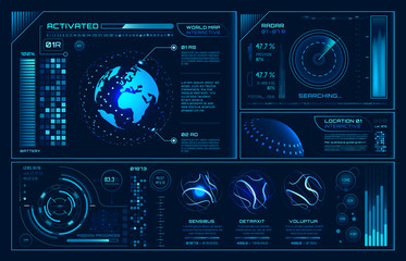 Wall Mural - futuristic hud interface. future hologram ui infographic, interactive globe and cyber sky fi screen 