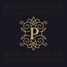 Capital Letter P. Beautiful Monogram. Elegant Logo. Calligraphic Design. Luxury Emblem. Vintage Ornament. Simple Graphics Style. Flourishes Boutique Brand On Black Background. Vector Illustration