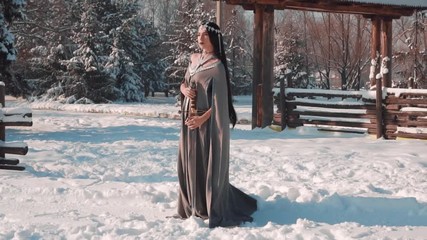 Wall Mural - gorgeous menacing dark elf with black long straight hair stands alone in a warm gray dress and raincoat, silver jewelry with precious stones and a royal knife, the warlike maiden leaves her home