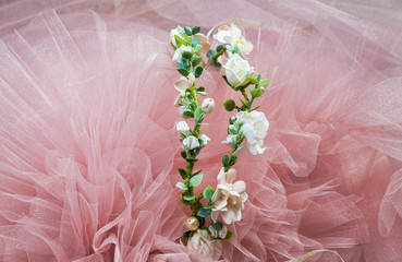 Wall Mural - artificial wreath of spring color on powdery tulle