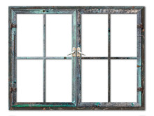 Very Aged Wooden Window Frame With Cracked Paint On It, Mounted On A Grunge Wall