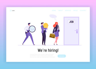 Wall Mural - business people waiting job interview at door landing page. businessman character find new career op