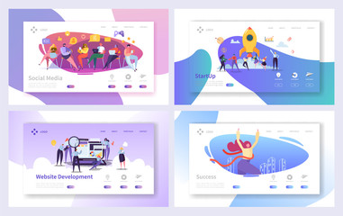 Wall Mural - business startup marketing landing page development set. rocket technology for project seo advertisi
