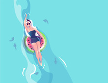 Concept In Flat Style With Woman Floating With Circle. Vacation And Relaxion. Sunbathing. Vector Illustration.