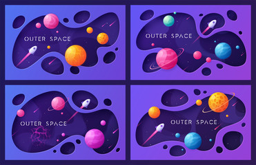 Wall Mural - Set of colorful cartoon outer space backgrounds, designs, banners, artworks.