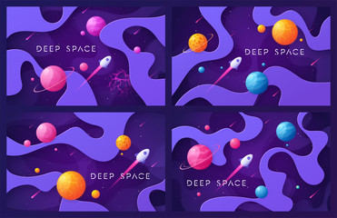 Wall Mural - Set of colorful cartoon outer space backgrounds, designs, banners, artworks.