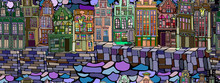Vector Seamless Stained Glass Pattern With Dutch Fictional Vintage Houses. Hand Drawn.