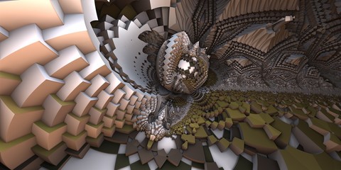 3D abstract landscape, escher style cube shapes arranged into organic spherical shapes, brown/orange metal colored illustration. Computer generated artwork, fractal recursive arrangement of shapes.