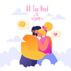 Wall Mural - Romantic vector illustration on love story theme. Happy flat people character on the seventh heaven. Soaring in the clouds. Couples in love, they embrace and kiss. Concept on Valentine Day theme.