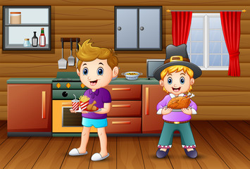 Wall Mural - Two boy bringing a food in the kitchen