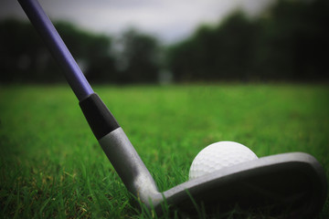 Golf clubs and golf balls on a green lawn