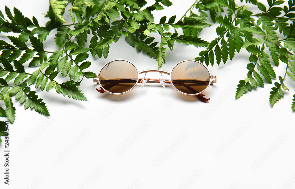Stylish sunglasses with fern leaves on white background