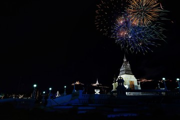 Poster - fireworks over city at night