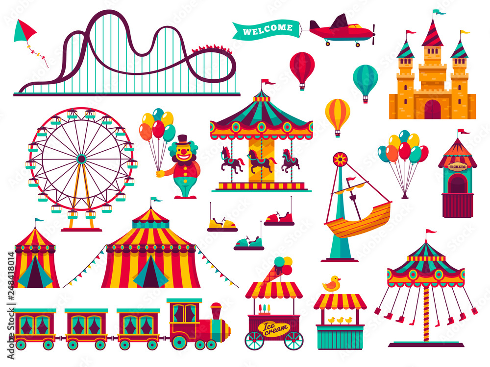 Amusement park attractions set. Carnival amuse kids carousels games fairground attraction play rollercoaster - obrazy, fototapety, plakaty 