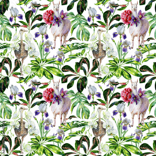 Watercolor seamless tropical pattern of  alpaca, ostrich and cartoon llama wi...