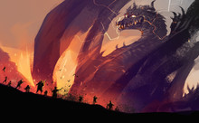 Digital Illustration Painting Design Style Peoples Against A Huge Dragon With Destroyed Town.