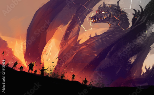 Obrazy smoki digital-illustration-painting-design-style-peoples-against-a-huge-dragon-with-destroyed-town