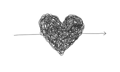 Black complicated lined heart arrow, mess of two colors, chaos of feelings concept. Love symbol for Valentines greeting card design, banner decoration