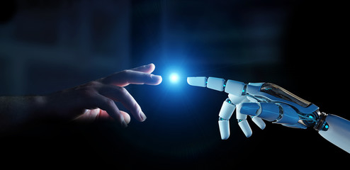 Fototapete - White cyborg finger about to touch human finger 3D rendering