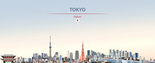 Vector Illustration Of Tokyo City Skyline On Colorful Gradient Beautiful Day Sky Background With Flag Of  Japan