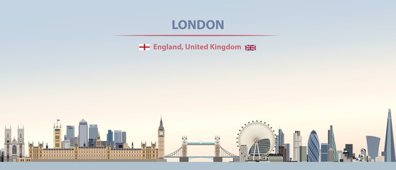 Fototapete - Vector illustration of London city skyline on colorful gradient beautiful day sky background with flags of  England and United Kingdom