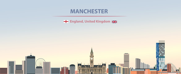 Fototapete - Manchester city skyline vector illustration on colorful gradient beautiful day sky background with flags of  England and United Kingdom