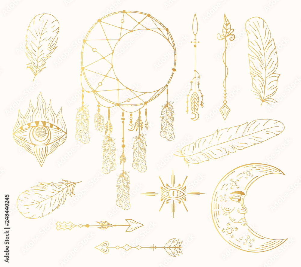 Hand drawn golden boho eye, dream catcher, arrows, feathers, moon tribal  tattoo in native bohemian, indian style. Magic gold scandinavian print.  Stock Vector | Adobe Stock, image size:1000x889