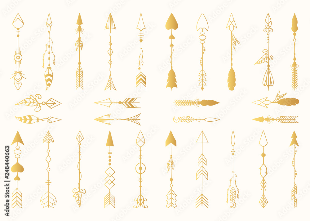 Hand drawn tribal boho golden arrow dividers with feathers in indian ...
