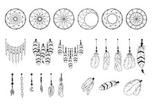 Hand Drawn Dream Catcher Creator Collection In Boho Style. Native Indian Feathers. Magic Aztec Bohemian Tattoo. Traditional Print.