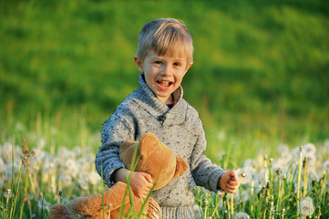 Child in spring. A small boy among dandelions on a meadow. Springtime view. A child with a teddy bear blows dandelions.