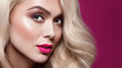 Close up portraitt of fashion blonde haired model with stylish mke up, pink lips and brown eye shadow. Portrait in pink background with copy space