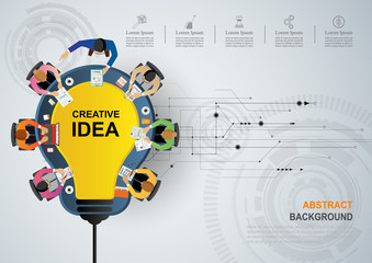 Business meeting and brainstorming. Idea and business concept for teamwork. Vector illustration infographic template with people, team, light bulb and icon.Print