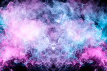 Beautiful Pattern Of Smoke On A Black Background From The Evaporating Waves In The Neon Light Of Pink Blue And Purple As Sea Pebbles In The Foam For T-shirt.