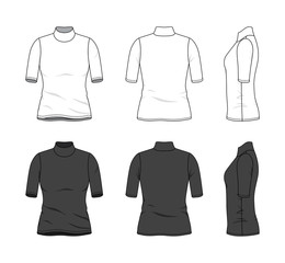 Wall Mural - Blank clothing templates of rollneck top, tee in front, side, back views. Vector illustration isolated on white background. Technical fashion drawing set.