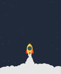 Aufkleber - rocket launch concept of business. Flat design business startup launch concept, rocket icon. Business startup banner Flying Rocket with Flame and Clouds